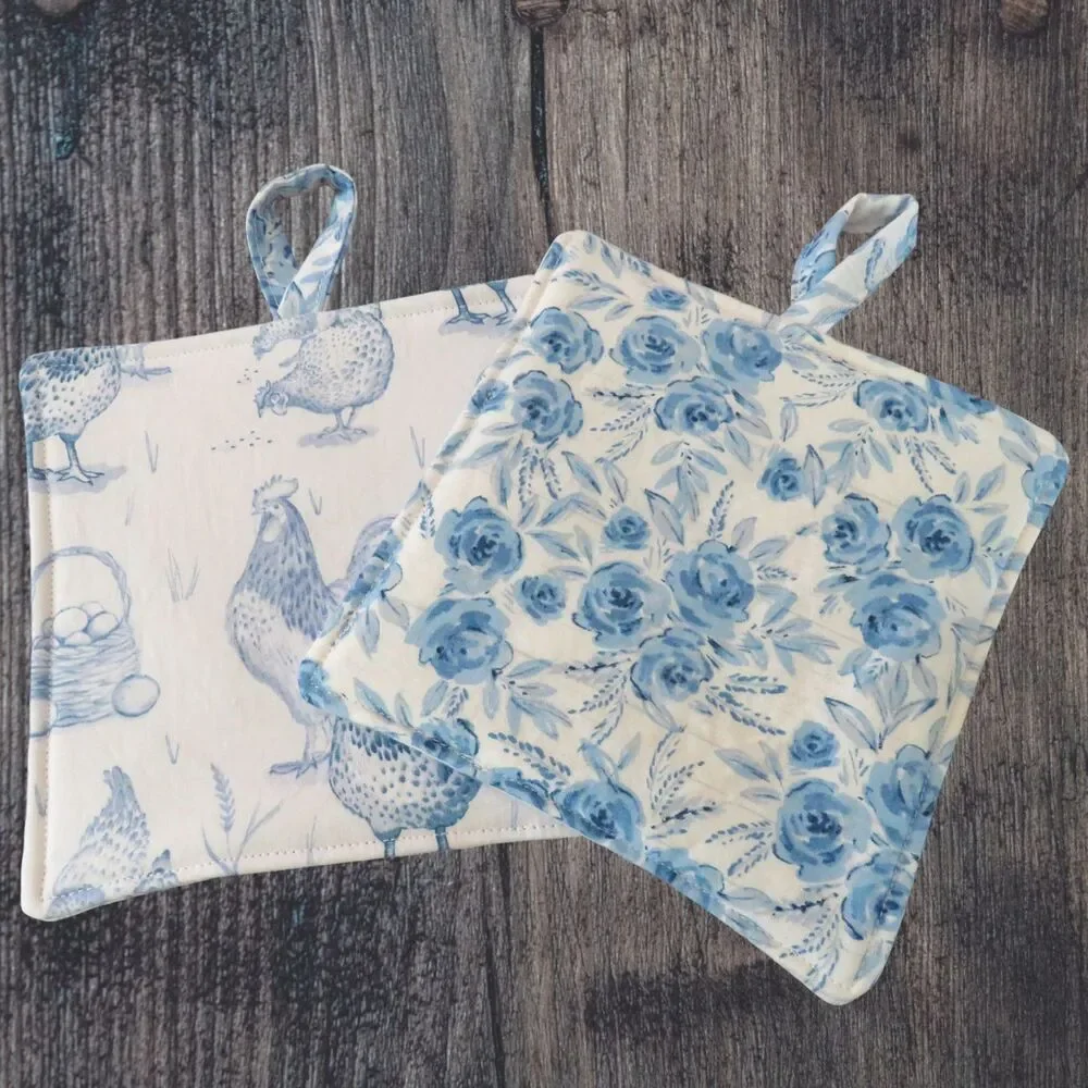 Handmade Potholder, Set of 2, Reversible Chickens and Blue Rose Hot Pads